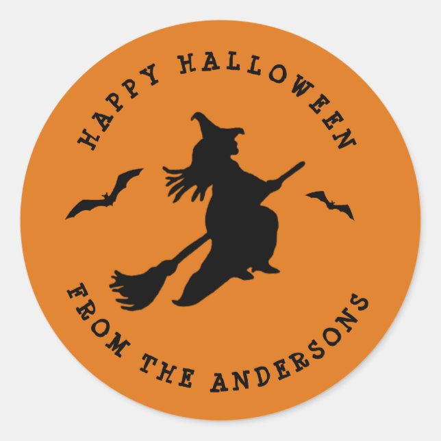 Adesivo Redondo Bruxa Voadora Black & Orange Halloween (Frente)