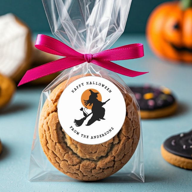 Adesivo Redondo bruxa voadora e Dia das Bruxas Pretas e Brancas (Criador carregado)