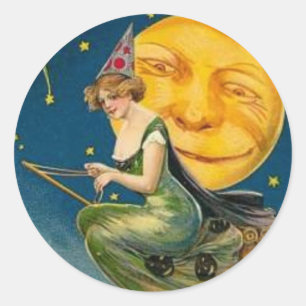 Adesivo Redondo Bruxa Voando na Lua Passada - Vinheta do Halloween
