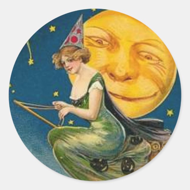 Adesivo Redondo Bruxa Voando na Lua Passada - Vinheta do Halloween (Frente)