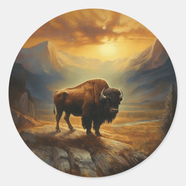 Adesivo Redondo Buffalo Bison Sunset Silhouette (Frente)