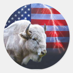 Adesivo Redondo Buffalo Branco Com Bandeira Americana E Relâmpagos