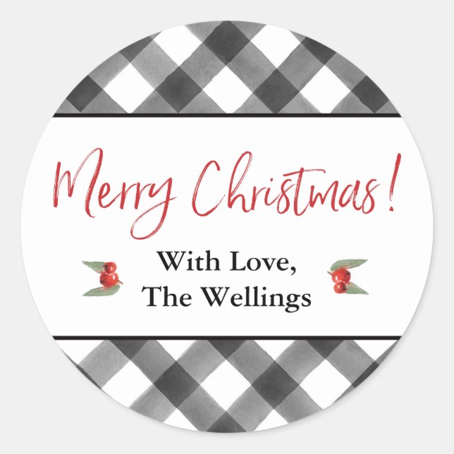 Adesivo Redondo Buffalo Check Preto & Branco Feliz Natal Personali (Frente)