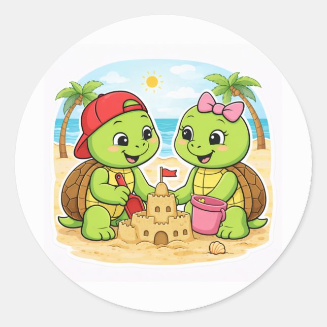 Adesivo Redondo Building a sandcastle by the sea (Frente)