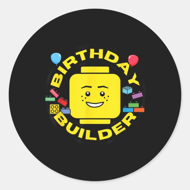 Adesivo Redondo Building Bricks Birthday Builder Blocks Figure  (Frente)