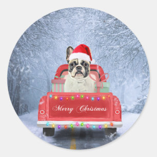 Adesivo Redondo Buldogue Francês em Neve sentado no Caminhão de 