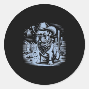 Adesivo Redondo Buldogue Francês Funny Cowboy Ufo Vintage Western