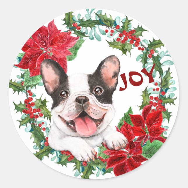 Adesivo Redondo Buldogue Francês Joy Poinsettia Christmas Wreath (Frente)