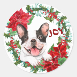Adesivo Redondo Buldogue Francês Joy Poinsettia Christmas Wreath