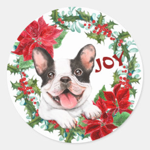 Adesivo Redondo Buldogue Francês Joy Poinsettia Christmas Wreath