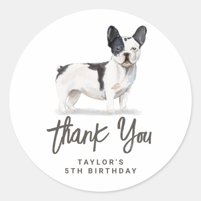 Adesivo Redondo Buldogue Francês Negro e Branco Obrigado (Frente)
