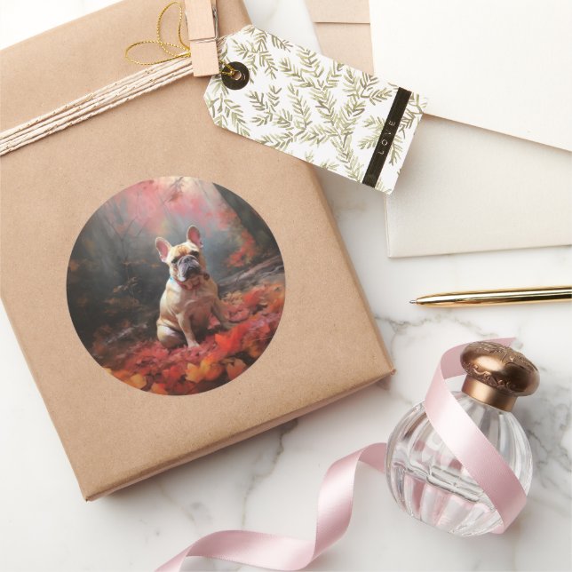 Adesivo Redondo Buldogue francês no outono deixa cair inspiração (Presentear)