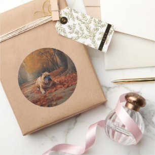 Adesivo Redondo Buldogue no outono Folhas Caindo Inspire