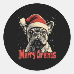 Adesivo Redondo Buldogue Santa Hat Feliz Natal Cachorro de Natal