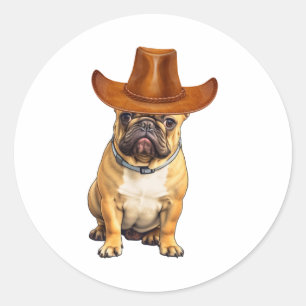 Adesivo Redondo Buldogue Vestindo chapéu de cowboy