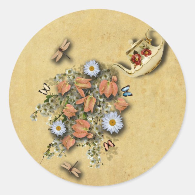 Adesivo Redondo Bule Com Coisas De Primavera- Pentes (Frente)