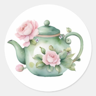 Adesivo Redondo Bule de Chá Adorável em Aquarela com Peônias Rosas