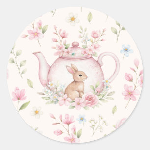 Adesivo Redondo Bule de Chá Coelho Fofo Floral Rosa Primavera