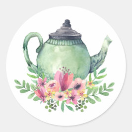 Adesivo Redondo Bule de Chá em Aquarela com Buquê Floral
