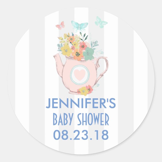 Adesivo Redondo Bule rosa com flores e borboletas (Frente)