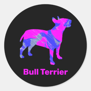 Adesivo Redondo Bull Terrier Dog Louco, Rosa Quente e Azul