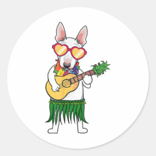 Adesivo Redondo Bull Terrier Hawaiian Costume Jogando Ukulele Summ