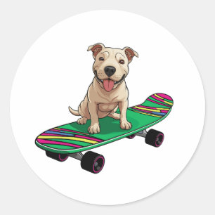 Adesivo Redondo Bull Terrier inglês num skateboard