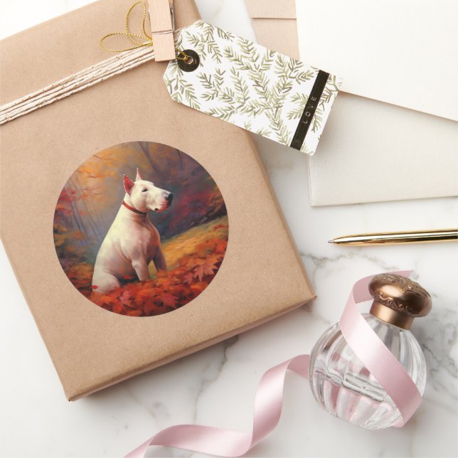 Adesivo Redondo Bull Terrier no outono deixa cair inspiração (Presentear)