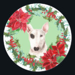 Adesivo Redondo Bull Terrier Poinsettia Holly Christmas Wreath<br><div class="desc">Estes adesivos bonito de Feriado têm uma imagem vintage de uma morango sagrada e coroa vermelha de poinsettia. No centro está um belo retrato aquoso de um Bull Terrier. Perfeito para sua correspondência de Natal ou pacotes de presentes!</div>