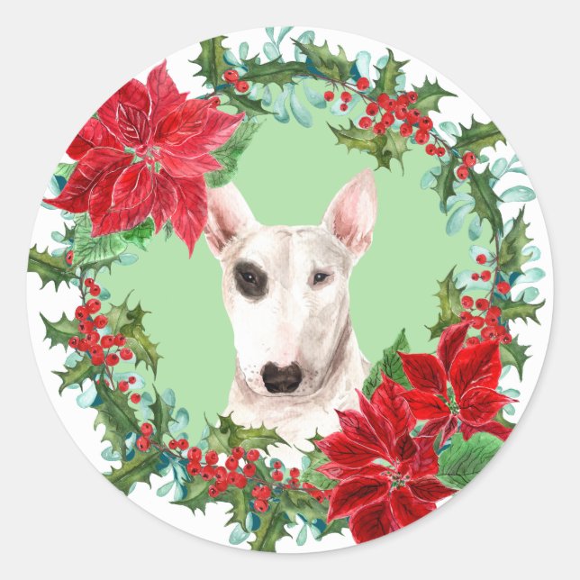 Adesivo Redondo Bull Terrier Poinsettia Holly Christmas Wreath (Frente)