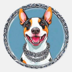 Adesivo Redondo Bull Terrier Sorridente 🐶 Retrato Feliz de Cachor