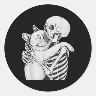 Adesivo Redondo Bulldog Francês Abraço de Esqueleto Halloween Aman