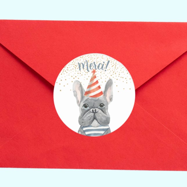 Adesivo Redondo Bulldog Francês com Partido Merci Confetti (Criador carregado)