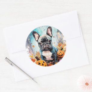 Adesivo Redondo Bulldog Francês de Halloween com Abóboras Assustad