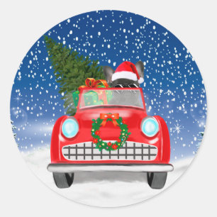 Adesivo Redondo Bulldog Francês Dirigindo Carro Na Neve Natal 