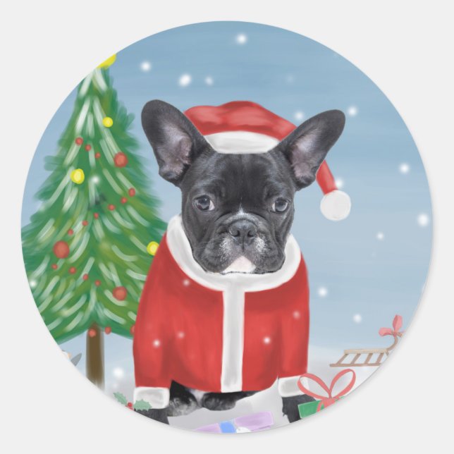 Adesivo Redondo Bulldog Francês em Neve com Presentes de Natal (Frente)