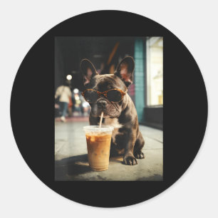 Adesivo Redondo Bulldog francês engraçado bebendo café gelado cach