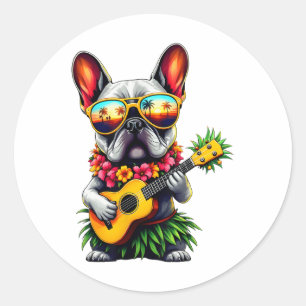 Adesivo Redondo Bulldog Francês Havaiano & Pineapple Ukulele S