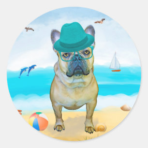 Adesivo Redondo Bulldog francês na praia