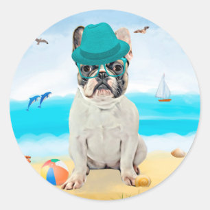 Adesivo Redondo Bulldog francês na praia