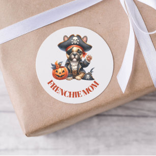 Adesivo Redondo Bulldog Francês Pirata Halloween Frenchie Mãe