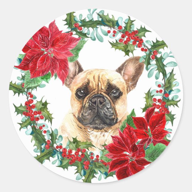Adesivo Redondo Bulldog Francês Poinsettia Holly Christmas Wreath (Frente)