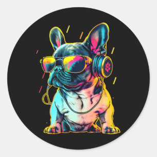 Adesivo Redondo Bulldog Francês Retrowave com Fones de ouvido e Su