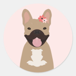 Adesivo Redondo Bulldog Francês Sorrindo Flores Rosa