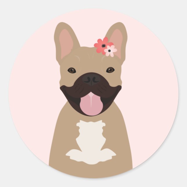 Adesivo Redondo Bulldog Francês Sorrindo Flores Rosa (Frente)