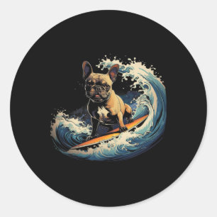 Adesivo Redondo Bulldog Francês Surfando Divertido Para Homens Mul