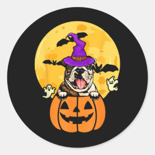 Adesivo Redondo Bulldog Inglês Bege Bruxa Amante de Cachorro Hallo