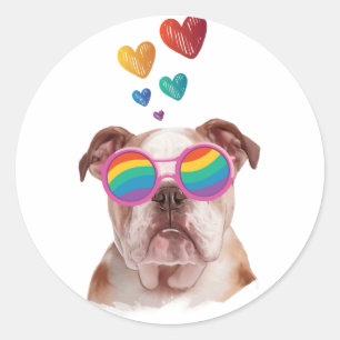 Adesivo Redondo Bulldog Inglês com Corações Dia dos Namorados
