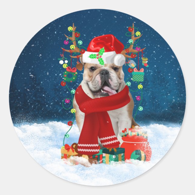 Adesivo Redondo Bulldog Inglês em Neve com Presentes de Natal (Frente)