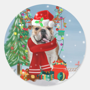 Adesivo Redondo Bulldog Inglês em Neve com Presentes de Natal